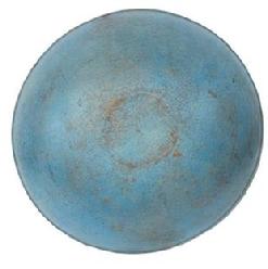 **SOLD** L32 Early 19th century wooden bowl bearing its beautiful original light blue painted surface. Nice hand / slow turned lathe marks visible throughout with a carved lipped band around top edge and great natural patina interior. Bowl is out of round at 16 12 x 17 ¼ diameter with 4 ¾ 5 ¼ tall sides, depending on where measured.