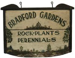 F69 Early 20th century wooden trade sign, advisting Bradford Gardens, rock, plants and perennials. 27 1/4" long x 20" tall