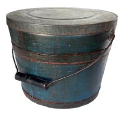 L397 Spectacular identified original blue painted lidded wooden bucket Stamped on bottom
.Made & Warranted, by JAMES WITCHER
. with arched wire bail handle and turned wooden grip. The thick, solid wood lid is rimmed by a ¾ tall metal band secured with hand forged tacks. The interior is old natural patina. Tongue and grooved staved construction held in place with ¾ tall metal bands secured with hand forged tacks.