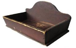 X377 Early 19th century New England Table top Box with the original unclean dry red paint, America, open rectangular box with arched back on rectangular box with canted sides Image Properties