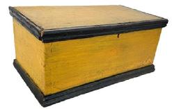 **SOLD** M89 Diminutive mid-19th century Pennsylvania original yellow and black painted Docukment box featuring a dovetailed case with applied molding around top and bottom and large initials A. M. painted in red on the bottom. Square head nail construction. The wood is pine. Circa 1860s. Natural patina interior with handwriting (illegible) inside the lid. Measurements 12 ½ wide x 7 ¼ deep x 5 5/8 tall.