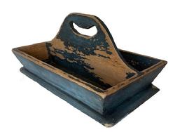 T346 Pennsylvania original blue painted Cutlery Tray , with a nice high handle, the inside of the tray is showing wear from use, flared sided, circa 1850
