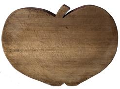 E286 Vintage Apple shaped solid wood cutting board with a wonderful red painted border all around the outer edge. Note the thickness of the board Measurements: 8 1/4" tall x 10 5/8” at the widest point x 1 1/2" thick.