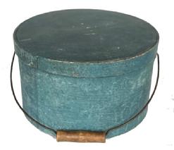 **SOLD** L98 19th century New England Bail Handle Pantry Box with the original dry blue painted surface - signed "S.E. Morrill" in pencil inside the lid. The sides of the Box are fitted with a pair of oval stamped tin handle mounts fitted with an arched wire swing handle with wooden hand grip