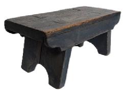 M73 Late 18th century original blue painted Stool featuring half-moon cut out design on each leg/end of the stool and a drop apron on each side that is mortised into the legs. The splayed legs are double mortised through the top. Very sturdy. The wood is walnut. Measurements: 13 ¼ long x 6" deep x 5 ¾ tall.