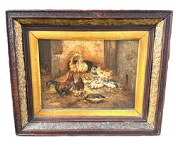 **SOLD** M84 Mid-19th century oil on canvas depicting a Barn scene with several Chickens and a Rooster. Signed by artist (Couturier) in lower left corner. Framed measurements: 18 5/8 wide x 2 deep x 15 ½ tall. Canvas measures 12 wide x 9 tall. NOTE: Philibert Couturier (1823-1901) was known for his paintings of roosters, hens and guinea fowl with many of his paintings being present in Museums in France, the United States and Poland.