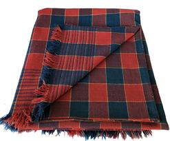 D450 ca. 1840; beautiful Bucks County, Pennsylvania red and blue plaid overshot coverlet multiple shaft woven coverlet in red and blue wool self-fringed bottom, and a rolled loop down center seam, 80" x 84".