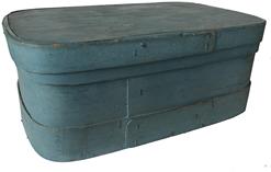E169 Early 19th Century oval Pennsylvania German wooden Bride's Box in the “The Best dry robins egg blue paint”