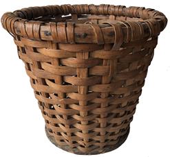 E190 19th century Southern Virgina Eastern North Carolina hand made gathering Basket. Very unusual, outatanding workmanship, the basket is made of hickory , with southern heart pine bottom, the ribs are old hand hewed, and tapered, the ribs are mortised through the bottom, . in wonderful dry old natural patina, with a triple wrapped rim and a solid wooden bottom. heavey construction circa 1860 measurements are 14 1/2" diameter 13" talll