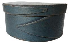 E204 Pantry Box Maple & pine, mid 19th C, New England. Opposing fingered body & lid, tacked & wood pegged construction. Dry, original blue never painted over original surface patina. Diam 7" diameter x 3 tall