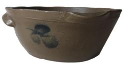 E276 Cobalt decorated Stoneware milkpan, Baltimore MD. origin, circa 1870, flaring bowl form with pouring spout, decorated all around bowl with brushed cobalt leaves. small chips , 4 1/2 " tall x 11 1/2 " diameter 4 1/2" tall x 12 1/2" diameter
