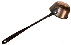 E31 1700's AMERICAN COLONIAL copper ladle, The copper ladle cup is hand hammered out of one pieces of copper , the top lip is folded over and hammered tight, the handle rought iron, some of the original surface is visible, the handle with a hole in it for hanging, , the rivets holding the handle are solid hand hammered