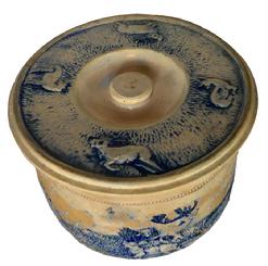 E353 19th Century White's of Utica New York Deer Hunt Stoneware Crock with the original lid. The lid also has four deer on it. This beauty features a scene with two hunters and a recently killed stag on one side and two stags in the field on the other side with a stamped "4" above the stags.