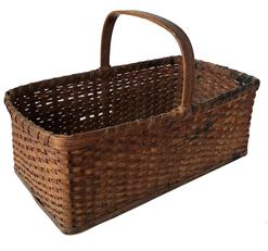 E356 Eastern Shore Maryland early 20th century Basket, wooden bottom Gathering basket. Very unusual form having a solid wooden bottom of pine, single wrapped rim with a few broken pieces. Steamed and bent handle 19 1/2" long x 10 1/2" deep x 12 1/2" tall including handle