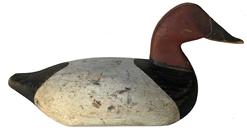 E476 Canvasback Drake Decoy carved by James E. Baines from Morgantown, MD (St. Mary’s County) in original paint and ‘dog bone’ style weight. Carved in the 1950’s. Branded “RT”