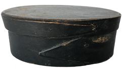 E511 Small oval pantry box with single finger lap in original dark green paint 6" long x 2" tall