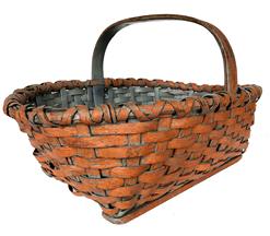 E549 19th Century Pennsylvania gathering basket retaining it's wonderful original dry pumpkin -paint, steamed - bent and notched handle, double wrapped rim with reinforced bottom.