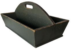 E55 Mid 19th century Carrier, with wonderful dry windsor green paint, one board bottom all square nailed construction, high arched divided with cut out handle circa 1840-1850 Measurements ae: 21 1/2" long x 10" deep x 19 1/2" wide