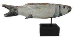 E580 Wonderful early folk art carved wooden fish weathervane from New England. The fish retains it’s old painted and weathered worn surface. Most wooden weathervanes did not survive the elements measurements 18” long 8 1/2” tall