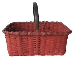 E92 Beautiful Gathering basket with tomato red and black paint. circa late 19th century very well made. with a double wrapped rim. It is heavy and tight , it has a nice steamed and bent high handle.Measurements are: 18" long x 13" wide x 15" tall