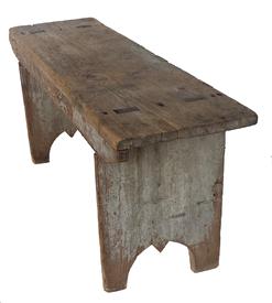 F167 19th century small Pennslyvania Wash Bench in the original dry oyster white paint,the leg are mortised through the top,ends with great cut outs and two notched supports on the back side, showing great wear from years of use, 17" high x 42" long