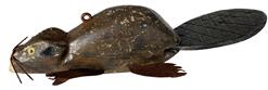 F193 Lg wooden Beaver fishing decoy with wire whiskers, tin legs, glass eyes, large wooden tail, original weights and paint.