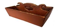 F218 This is a wonderful example of a 19th Century wooden cutlery tray/ knife box . What makes this piece a real standout is the scalloped nicely executed cut out handle . The tray is constructed from pine with square nails and canted sides attaching to a one-board bottom. The piece also shows a beautiful untouched surface of red paint with terrific patina. Measurement 11" long x 8" wide x 5" tall