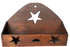 **SOLD** F89 Late 19th century North Carolina Wall Box in old natural patina, with cut out stars and moon, triangle hold for hanging nail construction Measurements are: 9 1/2" tall x 14" wide x 3 1/2' deep