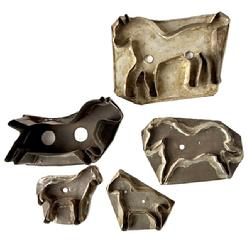M15d Group of five (5) flat backed tin cookie cutters featuring various silhouettes of Horses. All solder joints are secure. The largest of this group measures ~ 6 3/4" wide x 5 1/4" tall and the smallest in this group measures ~ 4" wide x 3 1/4 tall.