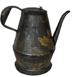 W359 Early 19th century painted and decorated Toleware Coffee Pot with a tapering cylindrical body with hinged lid, strap handle and curved spout bearing original black painted body embellished with floral decoration. Circa1820.  Measurements: 10½ high.  