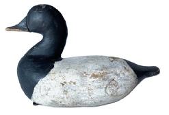**SOLD** RM1555 Rare Bluebill decoy carved by Charles Barnard  branded G (for the Gabler Rig) on bottom. Decoy bears working painted surface with both the original weight, and leather loop, remaining intact on bottom.