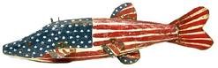 M1132A Mid-19th century hand carved Folk Art Patriotic Fish Decoy featuring original red, white and blue painted surface. Wooden body with tack eyes and tin tail and fins. Hand painted stars and stripes are featured on tail and each of the tin fins to match those on the body and around the head. Solid wood body with metal weight embedded into the fishs underbelly. Approximate measurements: 13 ½ long x 4 ½ wide x 4 tall.