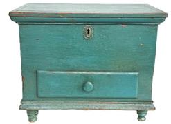 **SOLD** M154 Exceptional, identified early 19h century Berks County, Pennsylvania beautiful original robin egg blue painted miniature blanket chest with drawer, lidded till and applied moldings resting on turned feet. Identified and dated inside lid of till and inside drawer: C.S. Tufter Vinemont Berks Co Pa 1893 There is also a carved pinwheel in the top of the lid. The wood is pine with T and square head nail construction with an approximate age of the box being around 1800-1820. Measurements: 15 3/8 wide x 9 ½ deep x 12 ½ tall. (NOTE: a receipt, dated March 11, 1904, from Spring Township, PA in the amount of $1.00 for Road Tax for the year 1903 remains inside the drawer.)