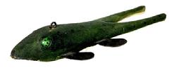 M16J Hand carved Folk Art Frog shaped fishing decoy featuring beaded eyes, faintly carved mouth, four tin legs/fins and wooden back legs bearing original painted surface with imbedded lead weight on the underbelly. Carver attributed to Ross Allen Sr. (1915-1993) of the Lac du Flambeau Ojibwa Nation in Wisconsin. Approximate measurements: ~5 ¾ long x ~2 wide x ~ ¾ tall.