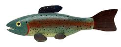 M287 Hand carved Folk Art Fish Decoy featuring original painted and decorated surface with carved details for mouth and gills. Signed with initials and dated 98 on underside of tail. Solid wooden body with stationery tin fins with painted details to match the body, glass eyes and metal weights embedded into the underbelly. Approximate measurements: 13 ¼ long x 3 ¾ wide x 4 tall.