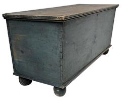 MS3 Early 19th century Oley Pa. Blanket Chest, with the original dry blue paint, dovetailed case, original fish tail strap hinges, circa 1820 -1840 17" deep x 43 3/4" wide x 19 3/4" tall