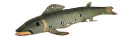 M16g Hand carved Folk Art Pike shaped / painted Fish Decoy from Michigan featuring original silver surface with black and blue spots and carved details for mouth and gills. Wooden body with stationery metal fins featuring painted details to match the body paint. Painted eyes. Solid wood body with a metal weight embedded into the underbelly. Unknown Michigan Carver. Approximate measurements: ~6 ½ long x ~1 ¾ wide x ~1 tall.