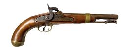 RM1642 Early 19th century muzzle loading Pistol with working action and original ramrod. Solid wooden stock with brass accents. Beautiful condition. No visible makers marks. Circa 1840s. Overall length is ~14 ½ long.