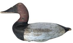 Canvasback drake, Charles Nelson Barnard, Havre de Grace, Maryland, 1st quarter 20th century. Raised neck seat and classic reared back head. Retains the original paint and weight. From the rig of John Pusey with 'JP' branded into the underside.