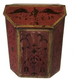RM910 19th Century wooden paint decorated Coffee Bin,wonderful red painted background with gilded tulips and Eagle with spread wings on lid. These were used in small country store’s for selling coffee out of. measures 20”wide 24”tall 20”deep