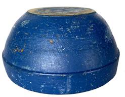 18th century Delaware beehive wooden bowl in beautiful worn blue paint, out of round at 11" X 10 3/4 " diameter x 3 1/4” tall. Hand turned out of round well used bowl, even has some chew marks on edge