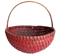 M43 Sturdy hand-woven Melon Basket made of ribbed and woven oak splints with steamed and bent center ring/handle woven into the construction of the basket. This single wrapped, single rimmed basket bears a bright red painted surface over the original blue paint. Tightly woven. Measurements: 13 ¾ x 13 ½ x ~13 tall at handle. Sides are ~6 6 ½ tall, depending on where measured.
