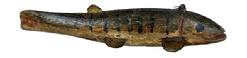 M16F Hand carved Folk Art carved and painted Fish Decoy from Michigan retaining remnants of its original green, black and brown painted surface with carved details for mouth and gills. Wooden body with stationery tin fins and painted eyes. Solid wood body with metal weights embedded into the underbelly. Unknown carver in the Cadillac, Michigan style. Approximate measurements: ~5 long x ~1 ¾ wide x ~1 tall.
