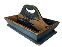 T346 Pennsylvania original blue painted Cutlery Tray , with a nice high handle, the inside of the tray is showing wear from use, flared sided, nailed construction with square head nails. A nice addition to any collection circa 1850 measurement are: 13" long x 7 1/2" wide