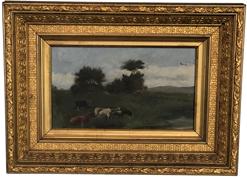 F17 Late 19th century Painting oil on canvass of Cows in pasture, with split rail fence in back ground also with flying geese in the sky. Mounted in the original gold gilt frame . From a private collection in Talbot County Maryland 11 1/2" tall x 15 1/2" long