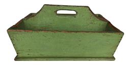 W354 Mid 19th century Pennsylvania Cutlery Tray, with the original apple green paint, high center divider, with cut out handle nailed construction measurements are 12 3/4" long x 6' tall