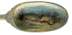 **SOLD** M112 19th century hand painted wooden spoon depicting a landscape scene of a house with barren trees and a fence all covered in sparkling snow. Serene details and soft colors throughout. No chips or breaks. Measurements: 13 ¼ long x 2 wide x ~3/4 deep.