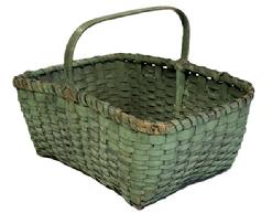 M321 19th century Pennsylvania hand woven gathering basket with original green painted surface featuring a sturdy rectangle shape with a single wrapped, double rim and a steamed and bent, deeply notched handle that is woven into the sides. Nice size and in very good condition. Measurements: 15 x 9 ½. Sides are 6 tall. Overall height including handle is ~10 tall.