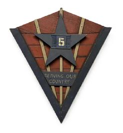 RM622 Mid-20th century Americana V for victory wooden shield in original red, white and blue paint with metal plate bearing the number 5 in the center of the blue wooden star. This is from a small town in Illinois and was used to display the number of local Service Men and Women serving their country from the town. Great piece of Americana. Measurements: 20 ¼ wide x ~2 ¼ thick x 24 tall.