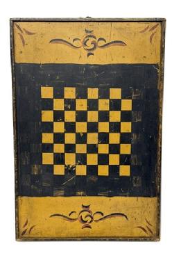 M164 Late 19th century Pennsylvania wooden double sided Game Board with Parcheesi on one side and Checkers on the other. Retains untouched crackled surface with polychrome colors including red and black on a mustard painted background. One board construction with applied molding on all sides. Small wire nail construction with a ring on top for hanging purposes. Measurements: 28 ¼ long x 19 wide x 1 3/8 thick